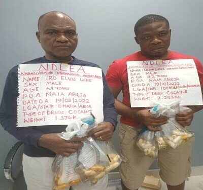 NDLEA Nabs 2 Drug Dealers Who Excrete 165 Wraps Of Cocaine In Abuja